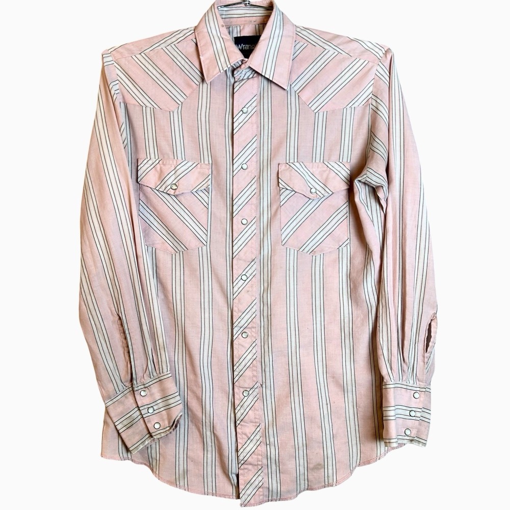 Vintage 80s Wrangler Pearl Snap Sz Medium Slim Pink Pinstripe Button Up Shirt